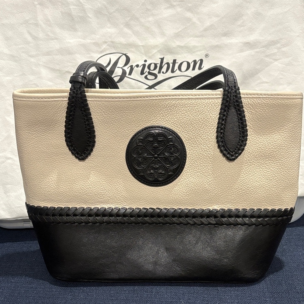 Brighton Two-Tone Cream and Black Leather Tote